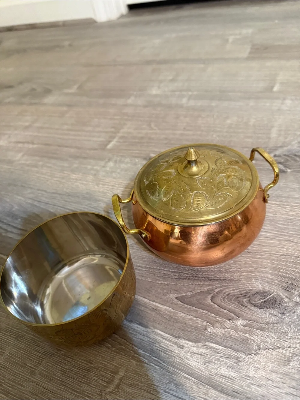 Sarna Etched Brass Bowl and Copper and Brass Handi Handled Pot  3 pieces Lot